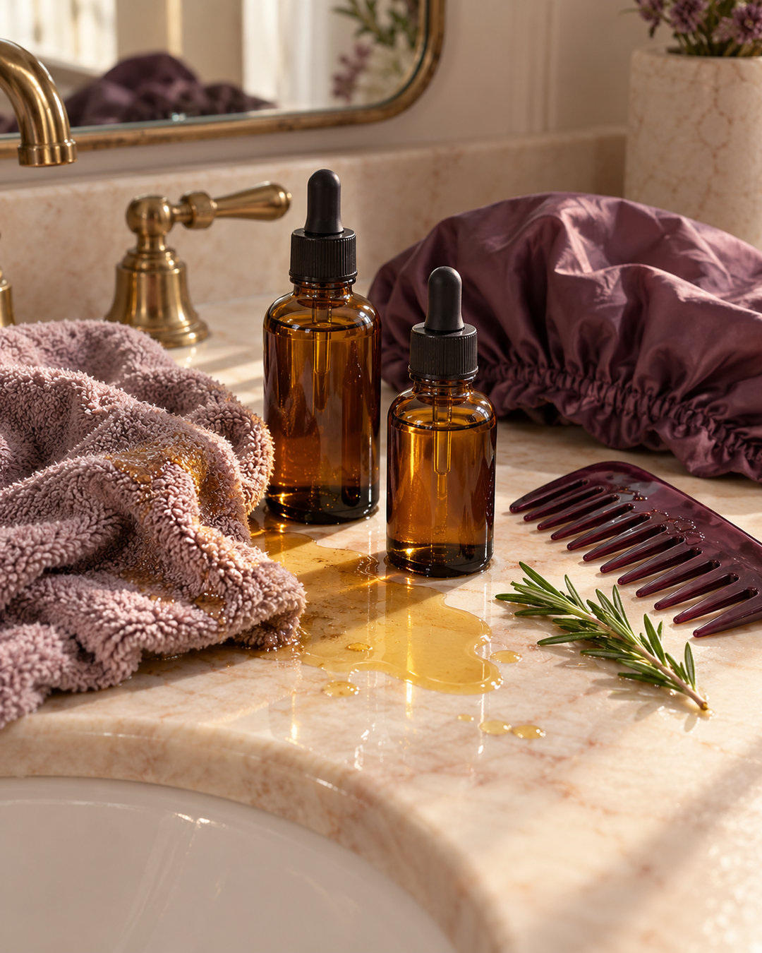 Bathroom counter with a dropper bottle, oily towel and loose hair oil