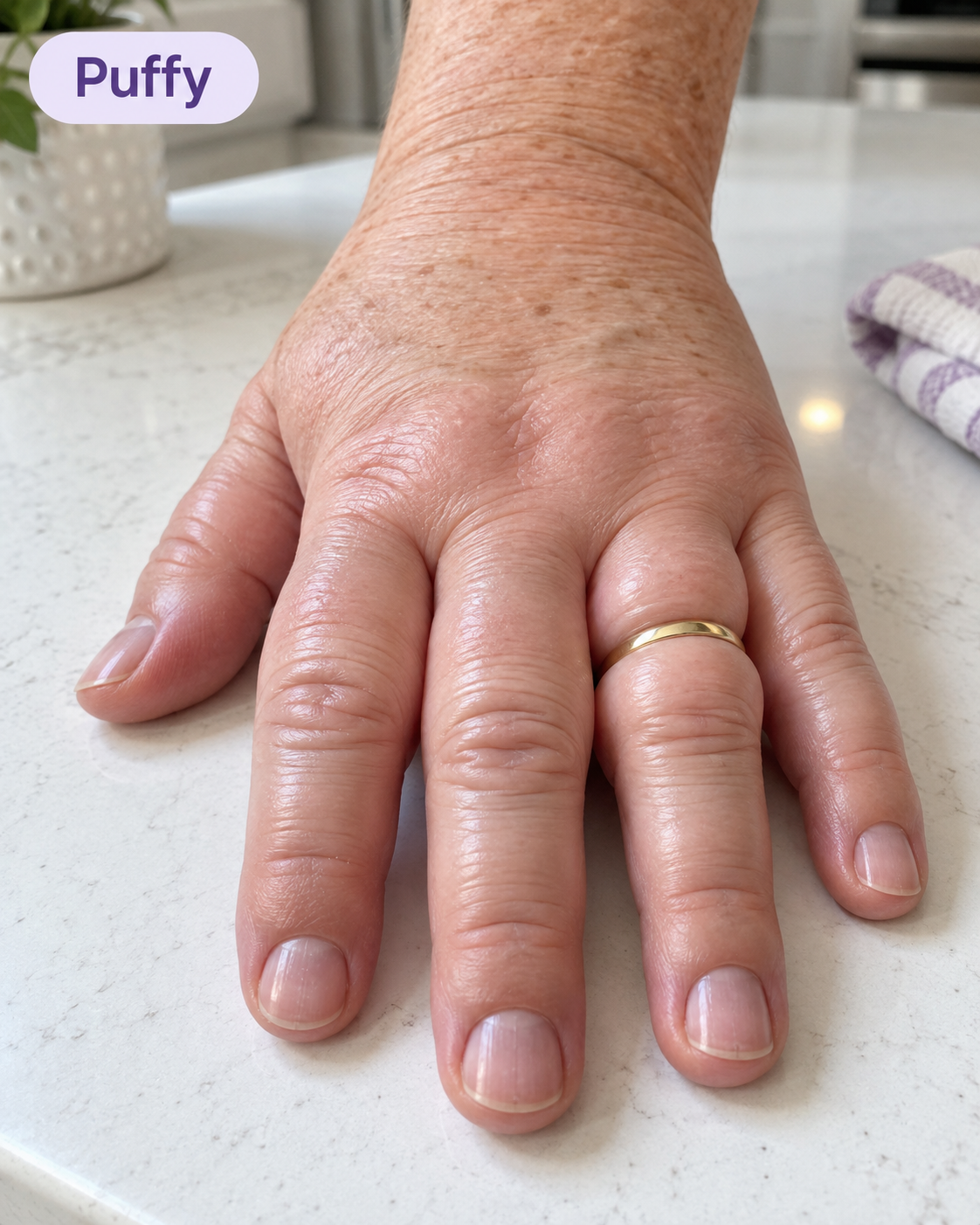 Illustration of puffy hands, ankles and face holding water