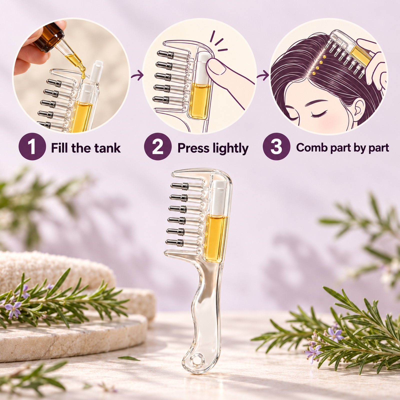 Pour in your oil, press lightly, comb it to the roots